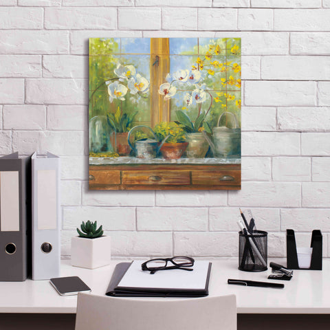 Image of 'Gardeners Table Orchids' by Carol Rowan, Giclee Canvas Wall Art,18x18