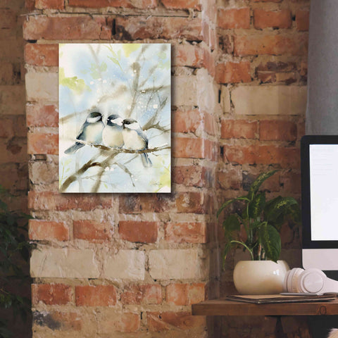 Image of 'Three Chickadees in Spring' by Katrina Pete, Giclee Canvas Wall Art,12x16