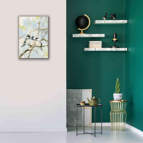 Image of 'Three Chickadees in Spring' by Katrina Pete, Giclee Canvas Wall Art,18x26