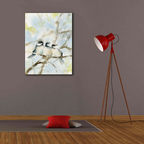 Image of 'Three Chickadees in Spring' by Katrina Pete, Giclee Canvas Wall Art,26x34