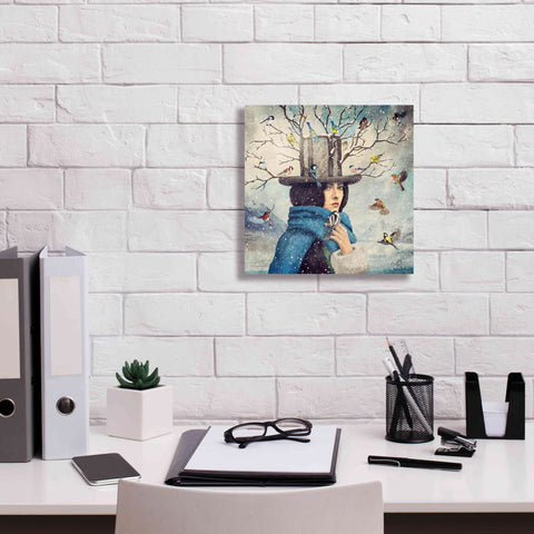 Image of 'The Lady With The Bird Feeder Hat' by Paula Belle Flores, Giclee Canvas Wall Art,12 x 12