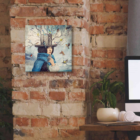 Image of 'The Lady With The Bird Feeder Hat' by Paula Belle Flores, Giclee Canvas Wall Art,12 x 12