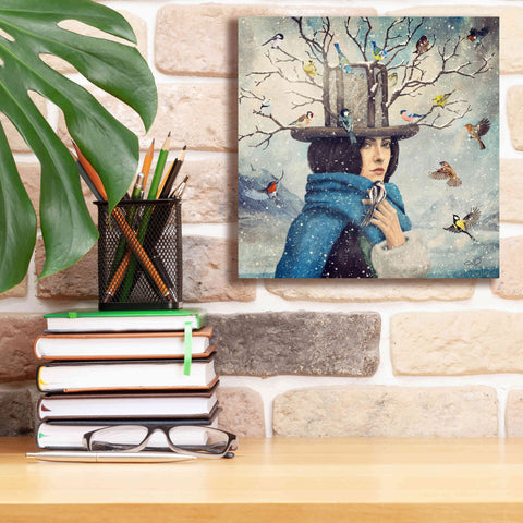 Image of 'The Lady With The Bird Feeder Hat' by Paula Belle Flores, Giclee Canvas Wall Art,12 x 12