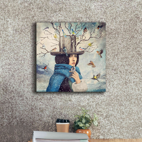 Image of 'The Lady With The Bird Feeder Hat' by Paula Belle Flores, Giclee Canvas Wall Art,18 x 18