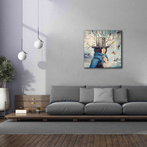 Image of 'The Lady With The Bird Feeder Hat' by Paula Belle Flores, Giclee Canvas Wall Art,37 x 37