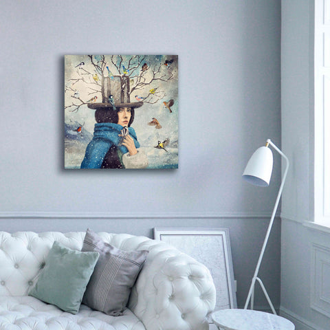 Image of 'The Lady With The Bird Feeder Hat' by Paula Belle Flores, Giclee Canvas Wall Art,37 x 37