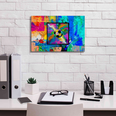 Image of 'Window into the Soccer Universe Pink and Cyan' by Jace D McTier, Giclee Canvas Wall Art,18 x 12