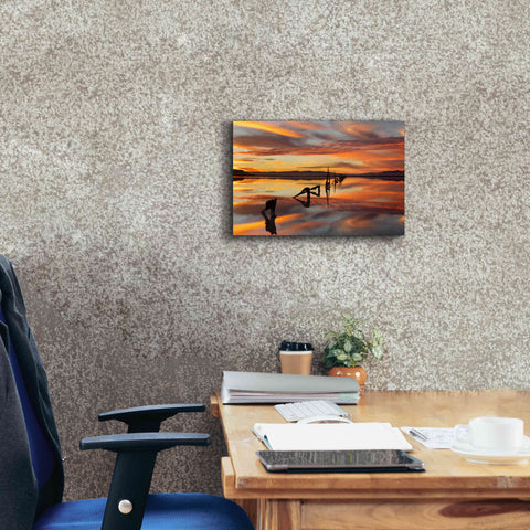 Image of 'Great Salt Lake Pilings Sunset' by Mike Jones, Giclee Canvas Wall Art,18 x 12