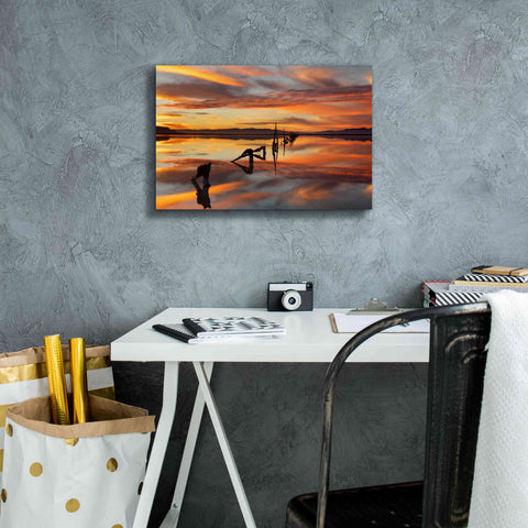 Image of 'Great Salt Lake Pilings Sunset' by Mike Jones, Giclee Canvas Wall Art,18 x 12