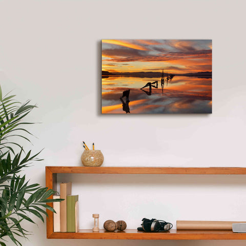 Image of 'Great Salt Lake Pilings Sunset' by Mike Jones, Giclee Canvas Wall Art,18 x 12