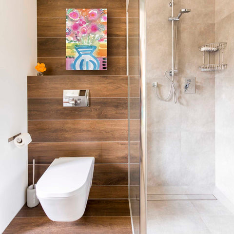 Image of 'Blue Vase Of Flowers' by Linda Woods, Canvas Wall Art,12 x 18