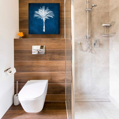 Image of 'Single Indigo And White Palm Tree' by Linda Woods, Canvas Wall Art,18 x 18