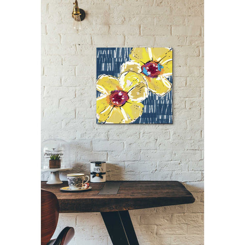 Image of 'Yellow Poppies on Blue' by Linda Woods, Canvas Wall Art,18 x 18