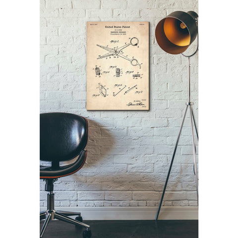 Image of 'Barber Shears Blueprint Patent Parchment' Canvas Wall Art,18 x 26