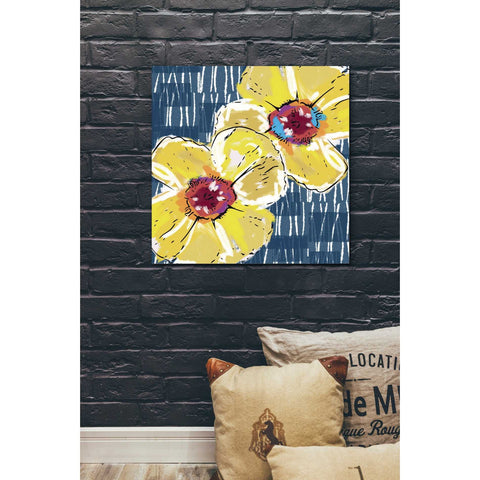 Image of 'Yellow Poppies on Blue' by Linda Woods, Canvas Wall Art,26 x 26