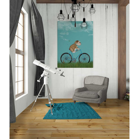 Image of 'English Bulldog on Bicycle - Sky' by Fab Funky Giclee Canvas Wall Art