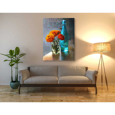 Image of 'Aqua Bottle Marigolds Cafe' by Chris Vest, Giclee Canvas Wall Art