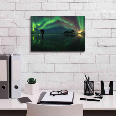 Image of 'Person On Ice During Northern Lights' by Epic Portfolio, Giclee Canvas Wall Art,18x12