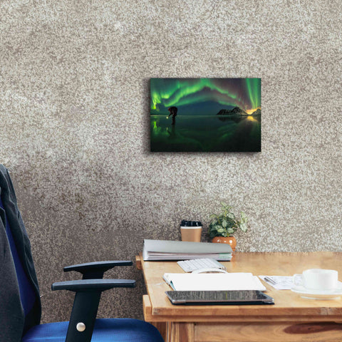 Image of 'Person On Ice During Northern Lights' by Epic Portfolio, Giclee Canvas Wall Art,18x12