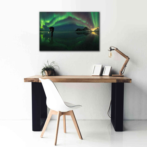 Image of 'Person On Ice During Northern Lights' by Epic Portfolio, Giclee Canvas Wall Art,40x26