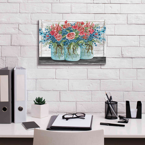 Image of 'Red, White & Blue Jars with White Flowers' by Cindy Jacobs, Canvas Wall Art,18 x 12