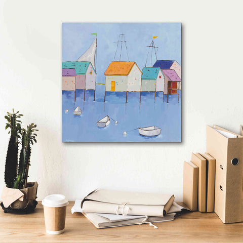 Image of 'Boat House Row Dark Blue Sky' by Phyllis Adams, Canvas Wall Art,18 x 18