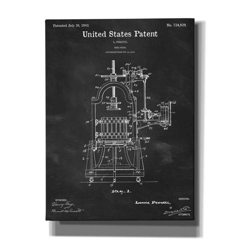 Image of 'Wine Press Blueprint Patent Chalkboard,' Canvas Wall Art,12x16x1.1x0,18x26x1.1x0,26x34x1.74x0,40x54x1.74x0