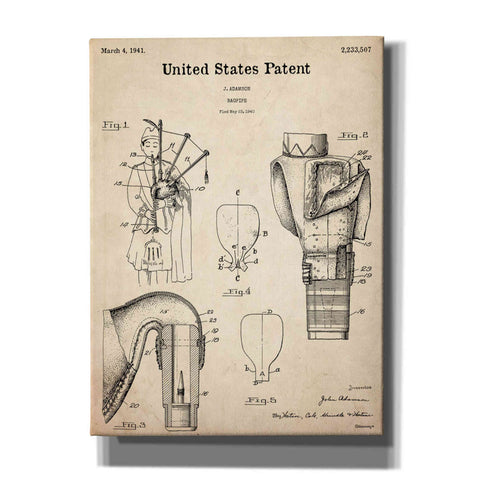 Image of 'Bagpipe Blueprint Patent Parchment,' Canvas Wall Art,12x16x1.1x0,18x26x1.1x0,26x34x1.74x0,40x54x1.74x0