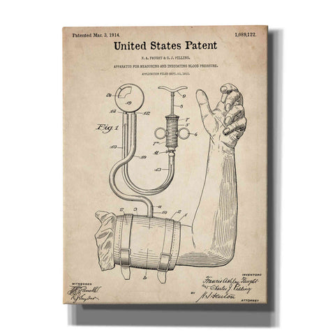 Image of 'Blood Pressure Pump Blueprint Patent Parchment,' Canvas Wall Art,12x16x1.1x0,18x26x1.1x0,26x34x1.74x0,40x54x1.74x0