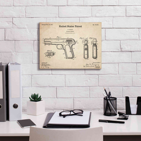 Image of 'Pistol Blueprint Patent Parchment,' Canvas Wall Art,16 x 12