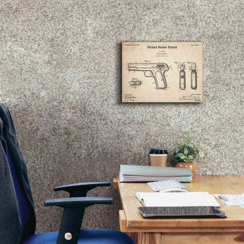 Image of 'Pistol Blueprint Patent Parchment,' Canvas Wall Art,16 x 12
