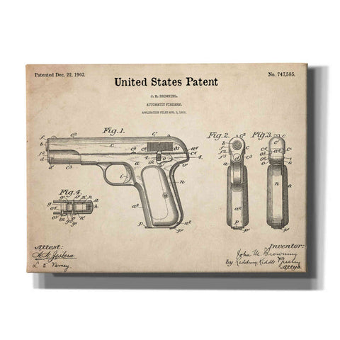 Image of 'Pistol Blueprint Patent Parchment,' Canvas Wall Art,16x12x1.1x0,26x18x1.1x0,34x26x1.74x0,54x40x1.74x0