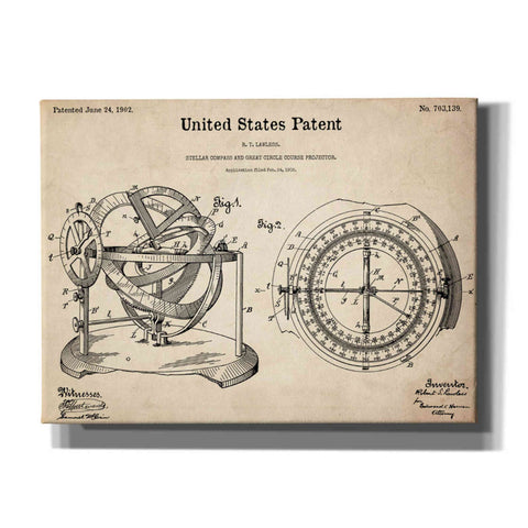 Image of 'Stellar Compass Blueprint Patent Parchment,' Canvas Wall Art,16x12x1.1x0,26x18x1.1x0,34x26x1.74x0,54x40x1.74x0