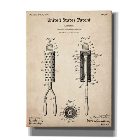 Image of 'Curling Iron Blueprint Patent Parchment,' Canvas Wall Art,12x16x1.1x0,18x26x1.1x0,26x34x1.74x0,40x54x1.74x0
