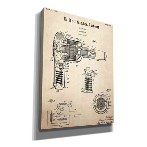 Image of 'Hair Dryer Blueprint Patent Parchment,' Canvas Wall Art,12x16x1.1x0,18x26x1.1x0,26x34x1.74x0,40x54x1.74x0