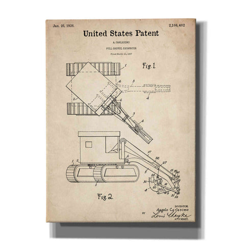 Image of 'Pull Shovel Excavator Blueprint Patent Parchment,' Canvas Wall Art,12x16x1.1x0,18x26x1.1x0,26x34x1.74x0,40x54x1.74x0