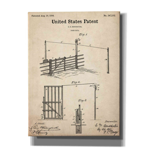 Image of 'Farm Gate Blueprint Patent Parchment,' Canvas Wall Art,12x16x1.1x0,18x26x1.1x0,26x34x1.74x0,40x54x1.74x0