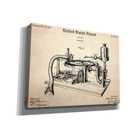 Image of 'Gramophone, 1895 Blueprint Patent Parchment,' Canvas Wall Art,16x12x1.1x0,26x18x1.1x0,34x26x1.74x0,54x40x1.74x0