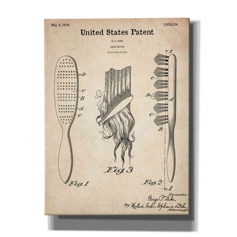 Image of 'Hair Brush Blueprint Patent Parchment,' Canvas Wall Art,12x16x1.1x0,18x26x1.1x0,26x34x1.74x0,40x54x1.74x0