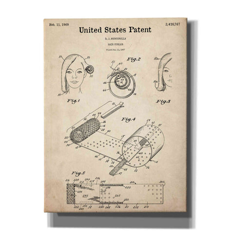 Image of 'Hair Curler Blueprint Patent Parchment,' Canvas Wall Art,12x16x1.1x0,18x26x1.1x0,26x34x1.74x0,40x54x1.74x0