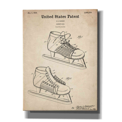 Image of 'Hockey Shoe, 1935 Blueprint Patent Parchment,' Canvas Wall Art,12x16x1.1x0,18x26x1.1x0,26x34x1.74x0,40x54x1.74x0