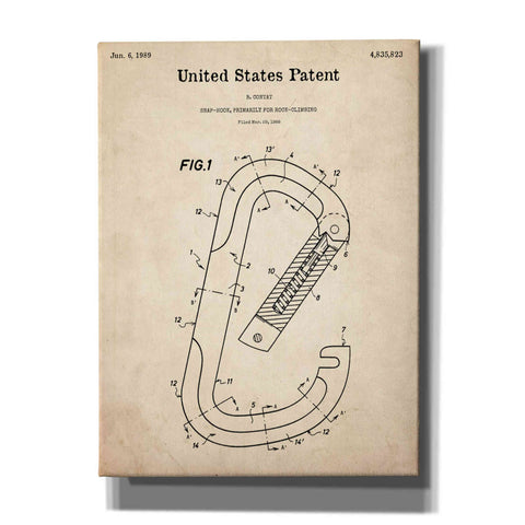 Image of 'Climbing Hook Blueprint Patent Parchment,' Canvas Wall Art,12x16x1.1x0,18x26x1.1x0,26x34x1.74x0,40x54x1.74x0