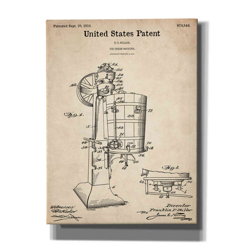 Image of 'Ice Cream Machine Blueprint Patent Parchment,' Canvas Wall Art,12x16x1.1x0,18x26x1.1x0,26x34x1.74x0,40x54x1.74x0