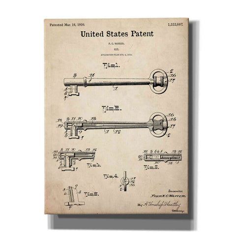 Image of 'Vintage Key Blueprint Patent Parchment,' Canvas Wall Art,12x16x1.1x0,18x26x1.1x0,26x34x1.74x0,40x54x1.74x0