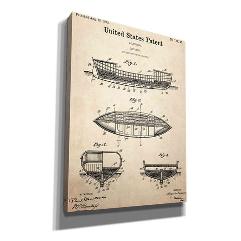 Image of 'Lifeboat Blueprint Patent Parchment,' Canvas Wall Art,12x16x1.1x0,18x26x1.1x0,26x34x1.74x0,40x54x1.74x0