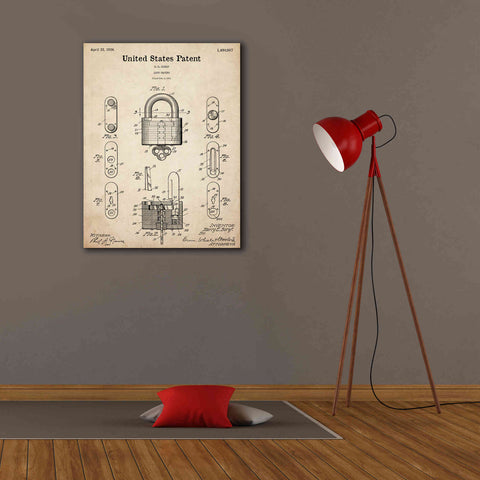 Image of 'Lock Blueprint Patent Parchment,' Canvas Wall Art,26 x 34