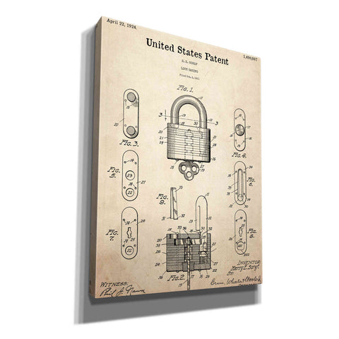 Image of 'Lock Blueprint Patent Parchment,' Canvas Wall Art,12x16x1.1x0,18x26x1.1x0,26x34x1.74x0,40x54x1.74x0