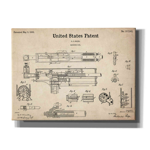 Image of 'Machine Gun Blueprint Patent Parchment,' Canvas Wall Art,16x12x1.1x0,26x18x1.1x0,34x26x1.74x0,54x40x1.74x0