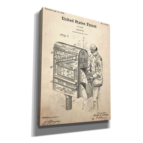 Image of 'Mailbox Blueprint Patent Parchment,' Canvas Wall Art,12x16x1.1x0,18x26x1.1x0,26x34x1.74x0,40x54x1.74x0
