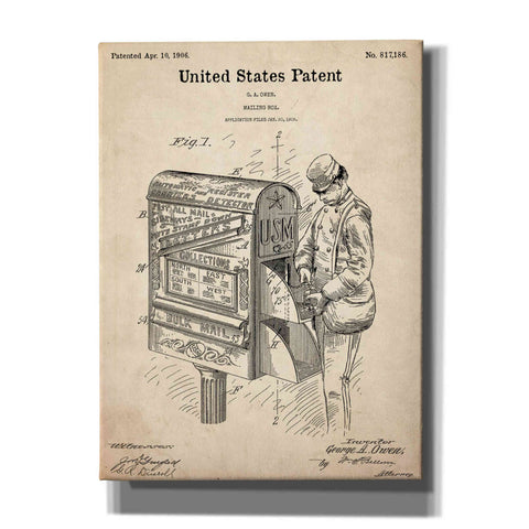 Image of 'Mailbox Blueprint Patent Parchment,' Canvas Wall Art,12x16x1.1x0,18x26x1.1x0,26x34x1.74x0,40x54x1.74x0